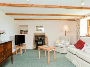 a living room with a couch and a fireplace at Thatch Cottage in Saint Hilary