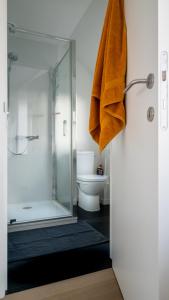 La salle de bains est pourvue d'une douche en verre et de toilettes. dans l'établissement Gasthuis 20 verdiep 2, à Kuurne