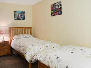 a bedroom with two beds and a night stand with a lamp at Ffron Erch Cottages - 2712 in Llanarmon