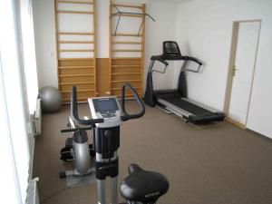 a room with a gym with a treadmill and weights at Lazensky Hotel Park in Poděbrady