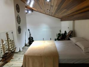 1 dormitorio con 1 cama grande en una habitación con guitarras en Casa de campo com piscina en Jaguariaíva