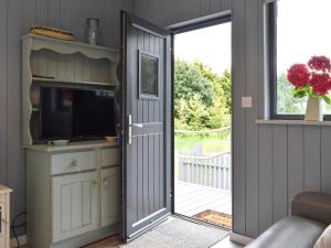an open door leading to a patio with a television at Ponsford Ponds Jacks Shepherd Hut - Bcponhut in Cullompton