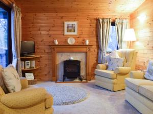 ein Wohnzimmer mit einem Kamin, Stühlen und einem TV in der Unterkunft Fern Lodge- Burnside Park in Keswick