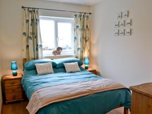 Winterborne Steepleton的住宿－Peach Tree Cottage，一间卧室配有一张带蓝色床单的床和一扇窗户。