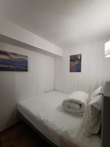 een kleine slaapkamer met een bed en twee foto's aan de muur bij Appartement la Plagne,7 pers rénové in Aime La Plagne