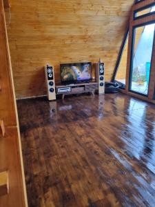 a living room with a flat screen tv and speakers at Cabana Corbilor The Raven's Hut in Vatra Dornei +29 photos