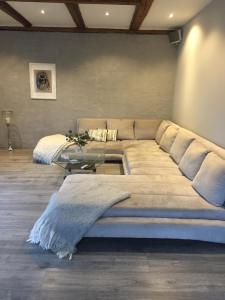 1 sofá grande en una sala de estar con mesa en VV Apartments 50, en Ringsted