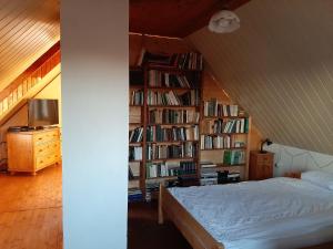 Un dormitorio con una cama y una estantería llena de libros. en Ház a kishegyen en Felsőörs