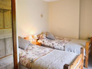 a bedroom with two beds and a mirror at Bodwi Isaf in Llanengan