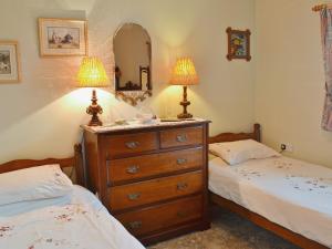 a bedroom with two beds and a dresser with a mirror at Cae Bach Cottage in Dinas
