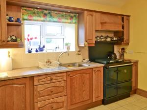 a kitchen with wooden cabinets and a sink and a window at Cae Bach Cottage in Dinas