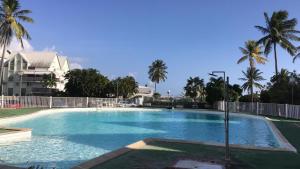 uma grande piscina com palmeiras ao fundo em Appartement vu Mer & Piscine em Le Gosier