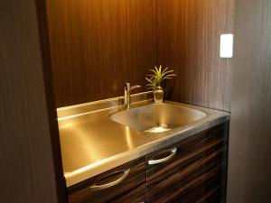 a bathroom with a gold sink with a plant on it at HOTEL LiVEMAX Himeji Ekimae in Himeji
