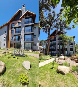 dos fotos de un edificio y un patio con rocas en Apartamento Inteiro em Gramado Bavária Centro, en Gramado