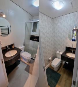 y baño con lavabo, aseo y ducha. en Apartamento Inteiro em Gramado Bavária Centro, en Gramado