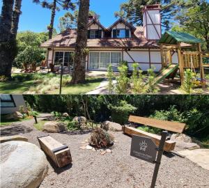 dos fotos de una casa y un parque con un banco en Apartamento Inteiro em Gramado Bavária Centro, en Gramado