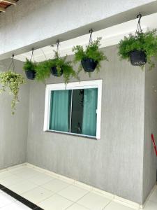 Apuama Hostel في أوباغارا: نافذة على جدار مع نباتات الفخار عليها