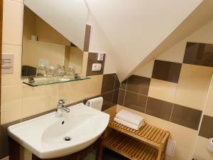 een badkamer met een wastafel en een spiegel bij Penzion Pod Dratnikem in Svratka