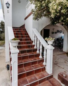 a set of stairs with two vases on them at Apartment Nadica Sabunike in Privlaka