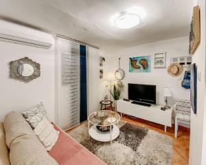 ein Wohnzimmer mit einem Sofa und einem TV in der Unterkunft Apartment Nadica Sabunike in Privlaka