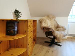 una habitación con una silla con un animal peludo. en Ostseeblick im Andersenhof, en Kappeln