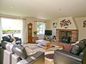 a living room with leather furniture and a fireplace at Farthngs in Boxted