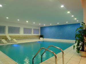 a pool in a hotel room with a blue wall at Hotel Barance in Alleghe