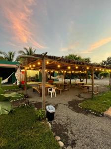 un patio con una mesa de picnic y luces en Hostel Flakos en Zihuatanejo
