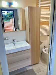 bagno con lavandino, specchio e servizi igienici di Appartamenti Pesaro Mare Ledimar a Pesaro