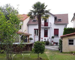 une maison blanche avec un palmier dans la cour dans l'établissement La Maison de Sylvie, chambres d'hôtes à Tarbes, à Tarbes