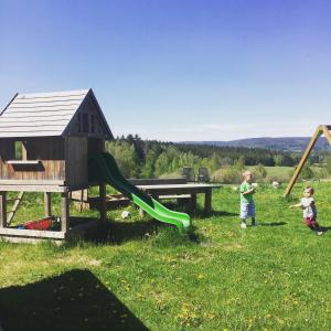 dos niños jugando en un parque infantil con un tobogán en Penzion Pod Dratnikem en Svratka