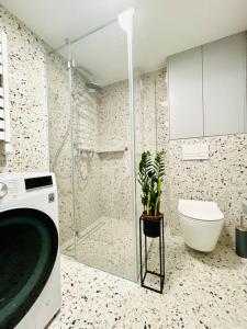 a bathroom with a shower and a washing machine at Apartament Piccolo in Bielsko-Biała