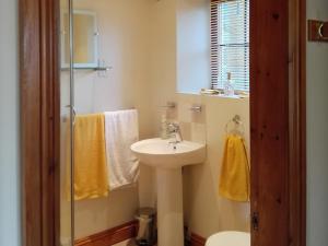 uma casa de banho com um lavatório e um chuveiro em Jenlea Cottage em Grizebeck