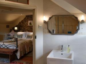 a bathroom with a sink and a bed and a mirror at Bryn Dedwydd Cottage in Llanferres