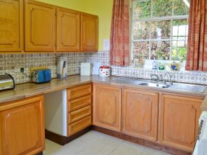 a kitchen with wooden cabinets and a sink and a window at Suffolk House Annexe in Harrow on the Hill