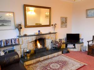 a living room with a fireplace and a mirror at Culcharry Cottage in Cawdor