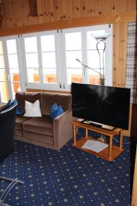a living room with a couch and a tv at Chalet Spinne in Grindelwald
