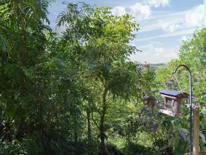 a bird cage in a garden with trees at Wood Cottage in Whaley Bridge