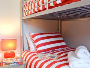 a bunk bed with a red and white striped pillow at Robin Cottage in Llandeilo