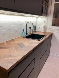 a kitchen with a sink and a wooden counter top at Rare appartement d'architecte en haut de Montmartre in Paris