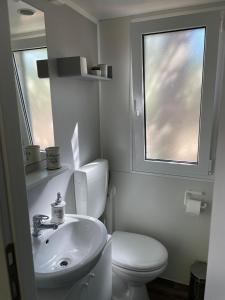 a bathroom with a toilet and a sink and a window at Mobile home "Sun" Jezera Village , otok Murter in Jezera +20 photos