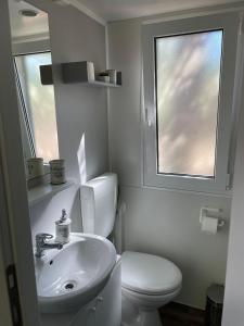 a bathroom with a toilet and a sink and a window at Mobile home "Sun" Jezera Village , otok Murter in Jezera