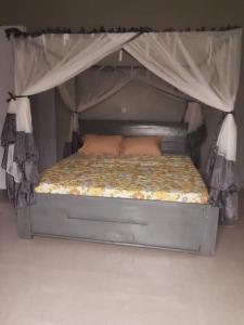 een bed met 2 kussens en een baldakijn bij Cheerful 4-bedroom home with parking in Bujumbura