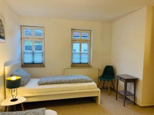 a bedroom with a bed and a desk and two windows at Apartments Dombergblick - Suhl, Stadtmitte in Suhl