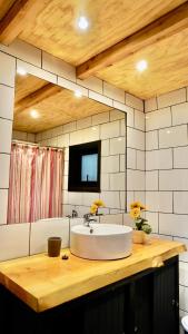 W łazience znajduje się biała umywalka i lustro. w obiekcie Molco Cabins Loft w mieście Pucón