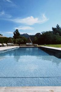 une grande piscine d'eau bleue dans l'établissement Casa Legna, à Pigna