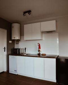 uma cozinha com armários brancos e um chapéu de Pai Natal no balcão em Apartamenty Wilga em Wilga