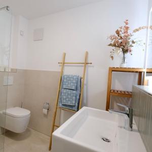 a bathroom with a white toilet and a sink at Ferienwohnung Plan B in Lörrach