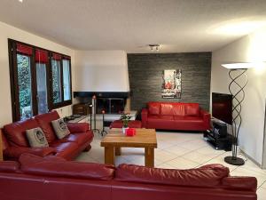 هداسا نيويورك في Steffisburg: غرفة معيشة مع كنب جلدي احمر وطاولة