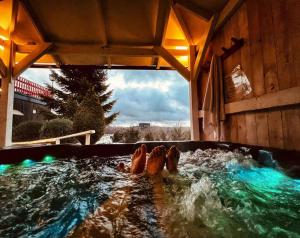 eine Person in einem Whirlpool im Pool in der Unterkunft Harmonie Hotel Rust in Hohegeiß